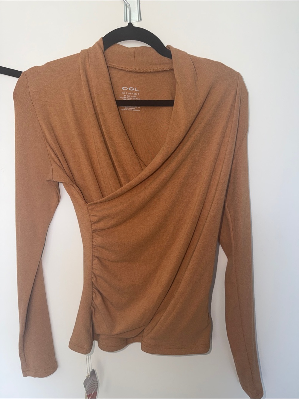 OGL Wrap-Front Long Sleeve Top in Camel Brown